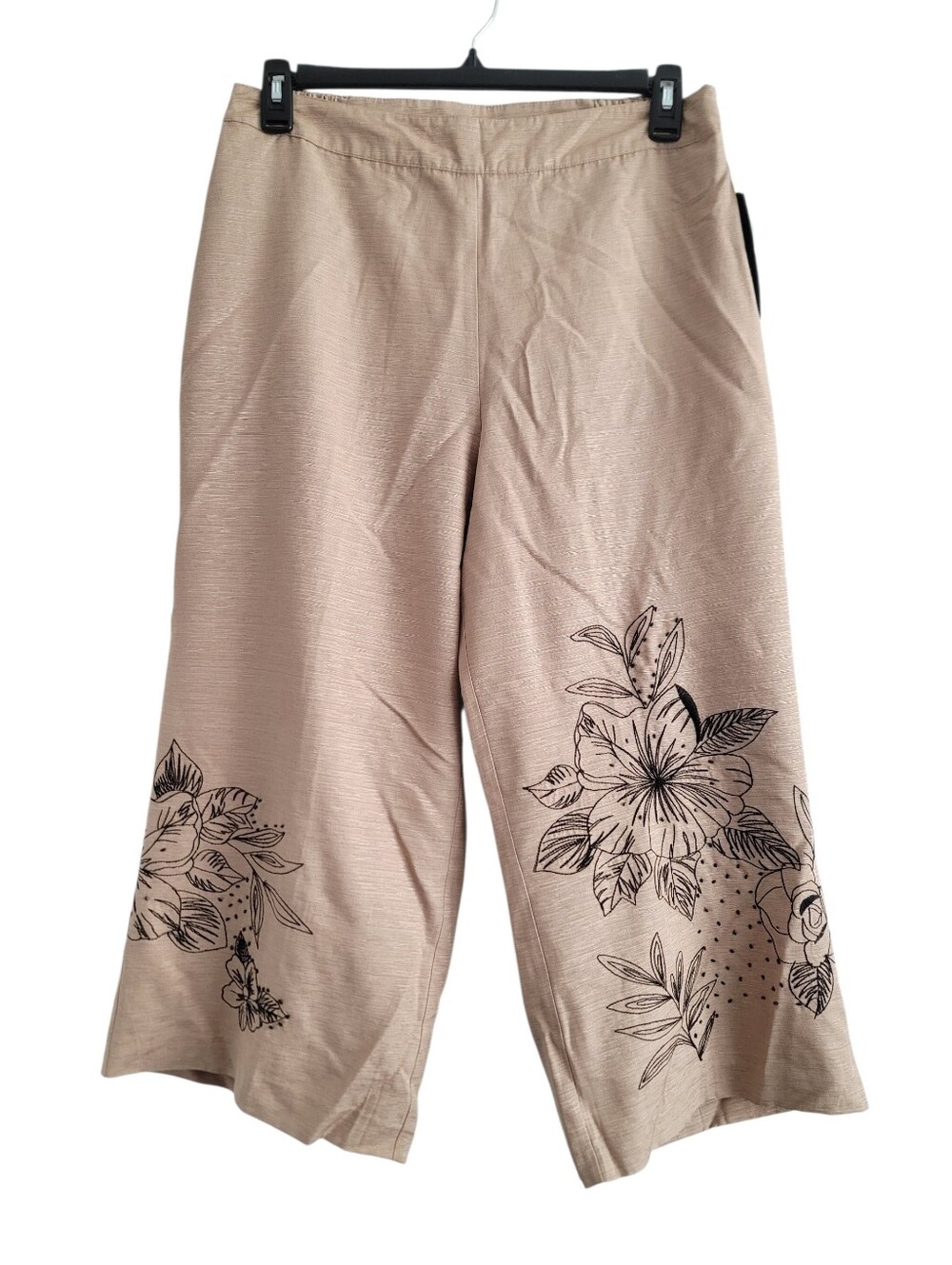 NEW Silkland 16W Embroidered Beaded Floral Tan Cropped Pants‎ 100% Silk Hibiscus